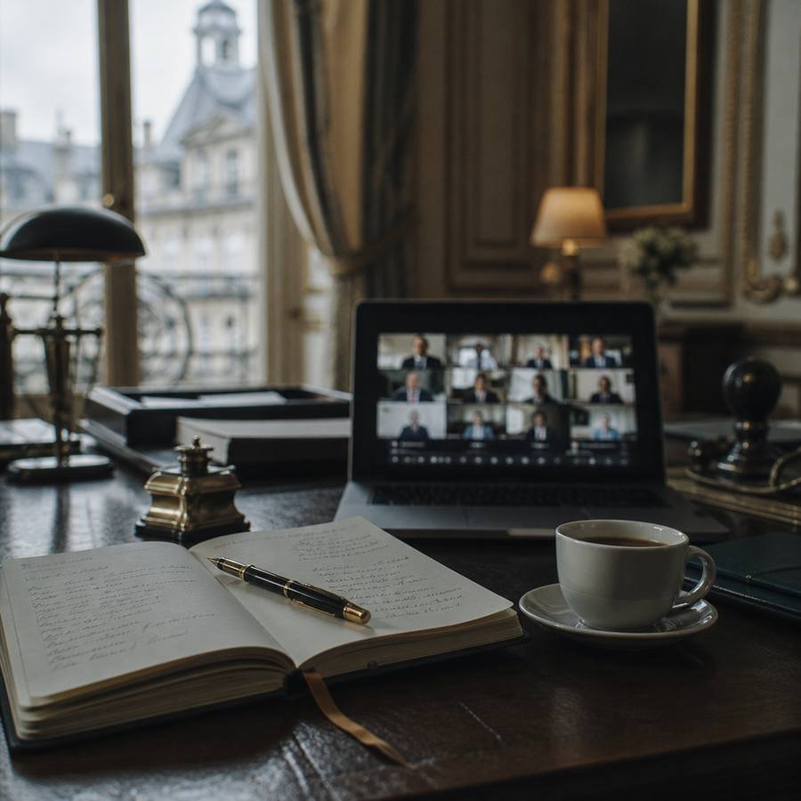 Bureau de dirigeant avec carnet et session vidéo en arrière-plan